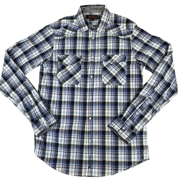 Ben Sherman Other - Ben Sherman Mens S Plaid Long Sleeve Shirt w/Pearl Snaps Cotton Blue